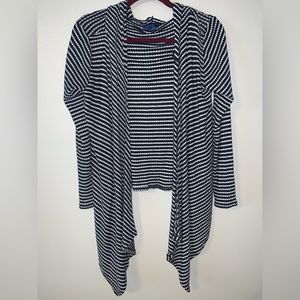 Sweet Claire Black and White Cardigan with Hood. Size Small. Small hole in hood.